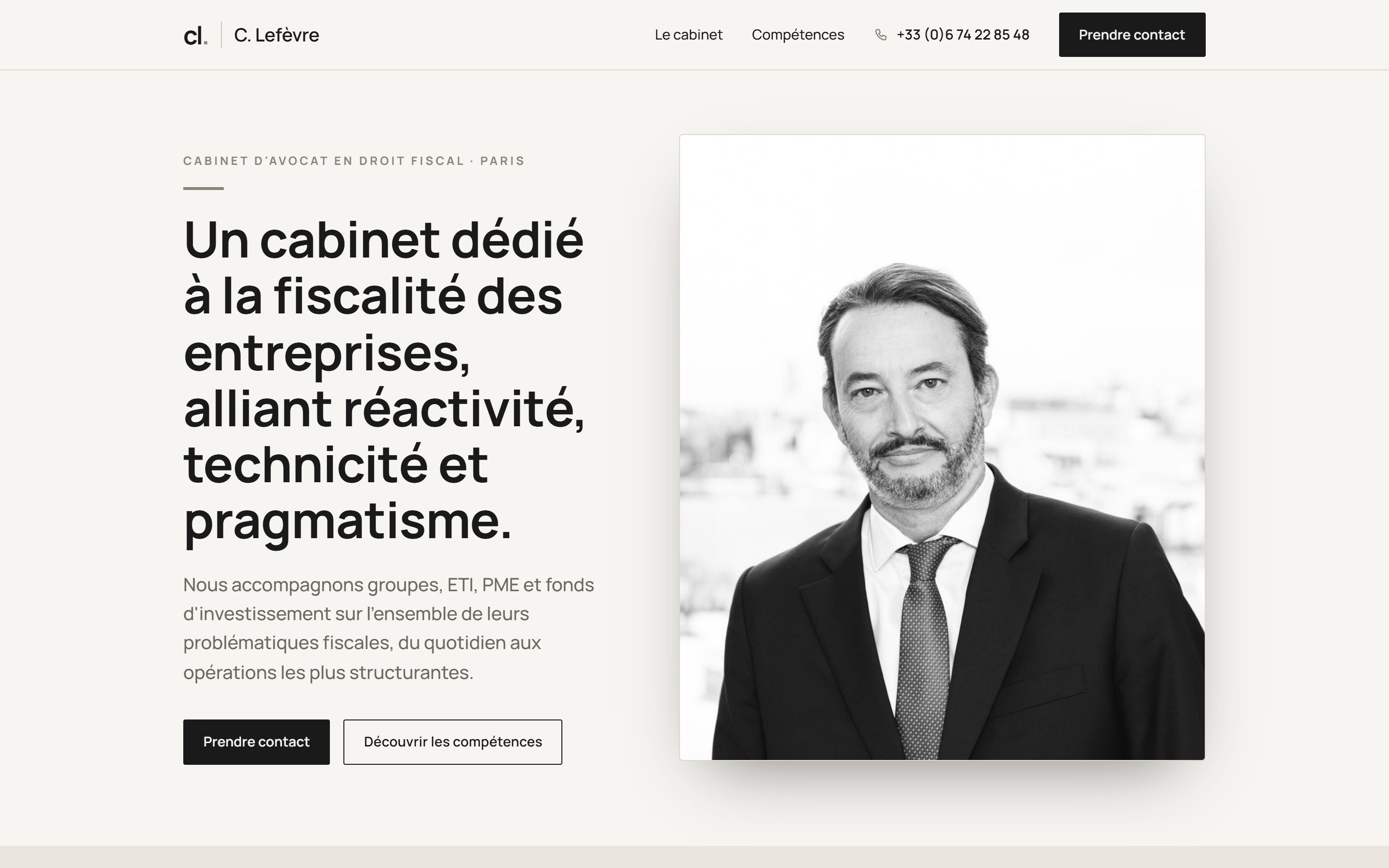 Site internet de Christophe Lefèvre, avocat fiscaliste, reprenant l'identité visuelle